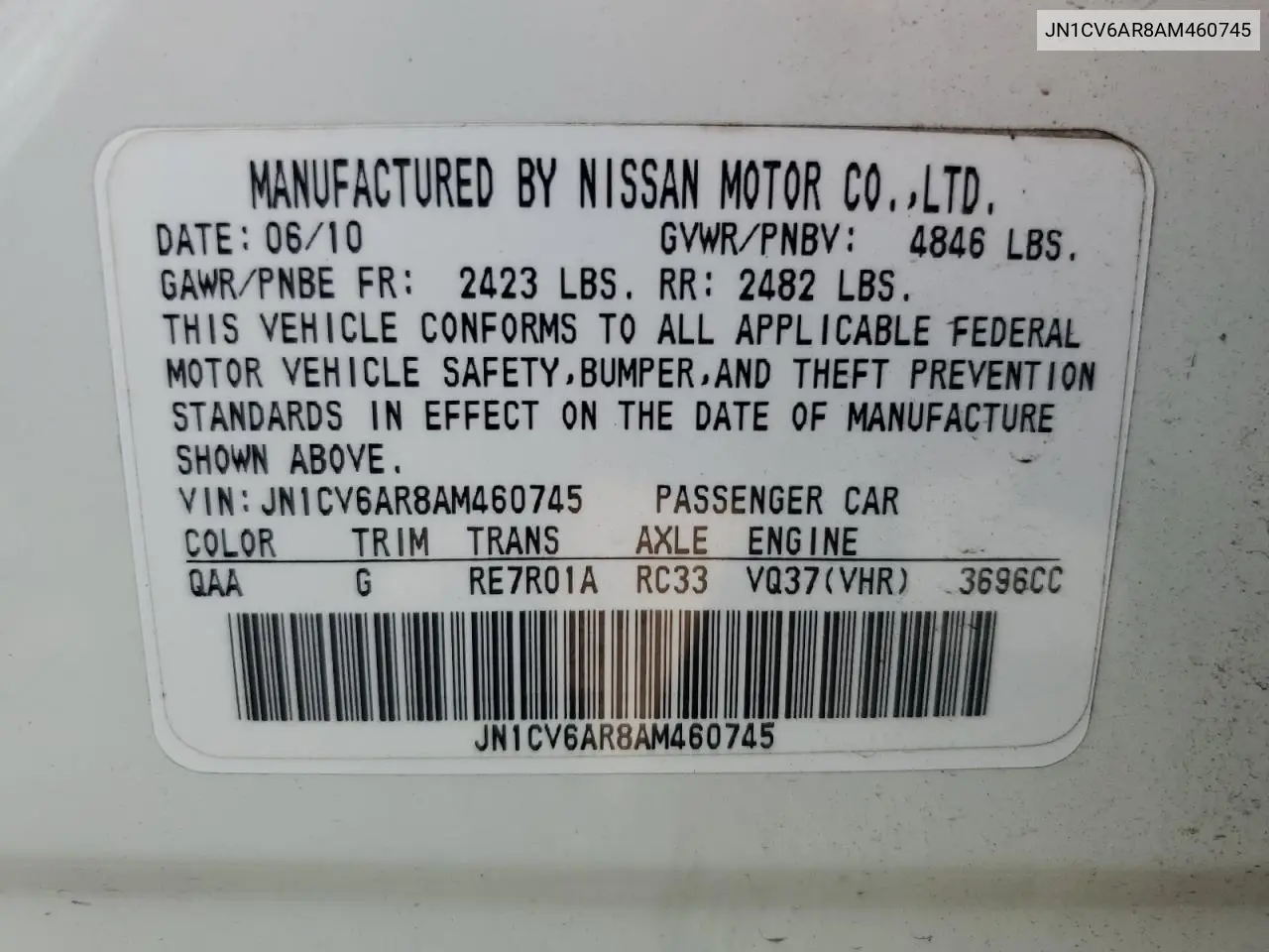 2010 Infiniti G37 VIN: JN1CV6AR8AM460745 Lot: 64657505