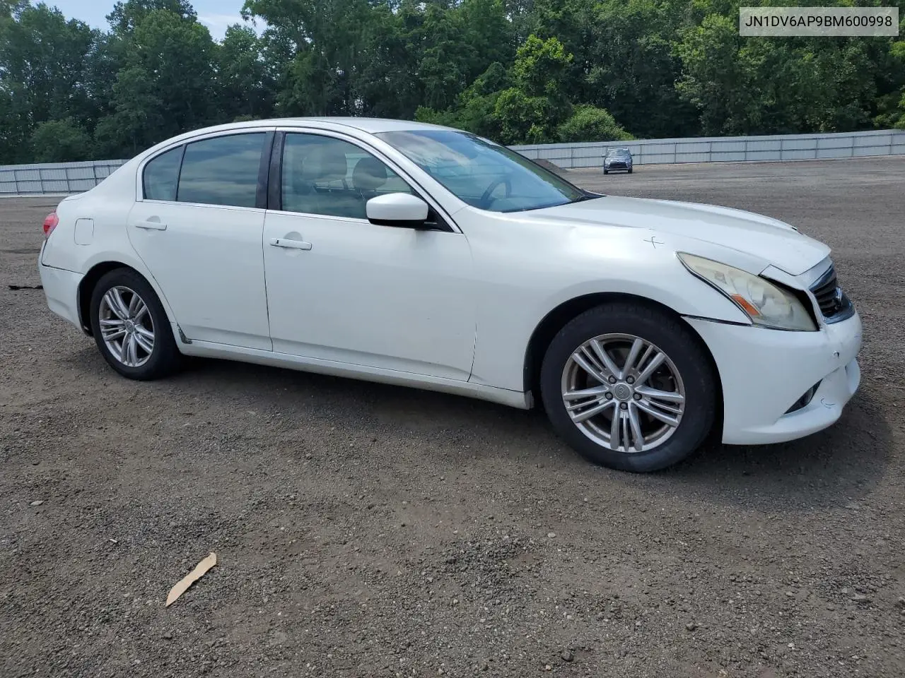 2011 Infiniti G25 Base VIN: JN1DV6AP9BM600998 Lot: 62157575
