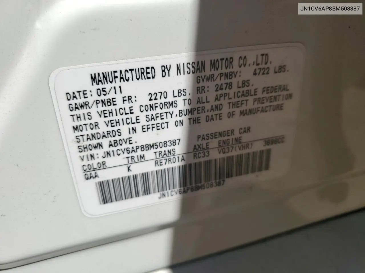2011 Infiniti G37 Base VIN: JN1CV6AP8BM508387 Lot: 62988725