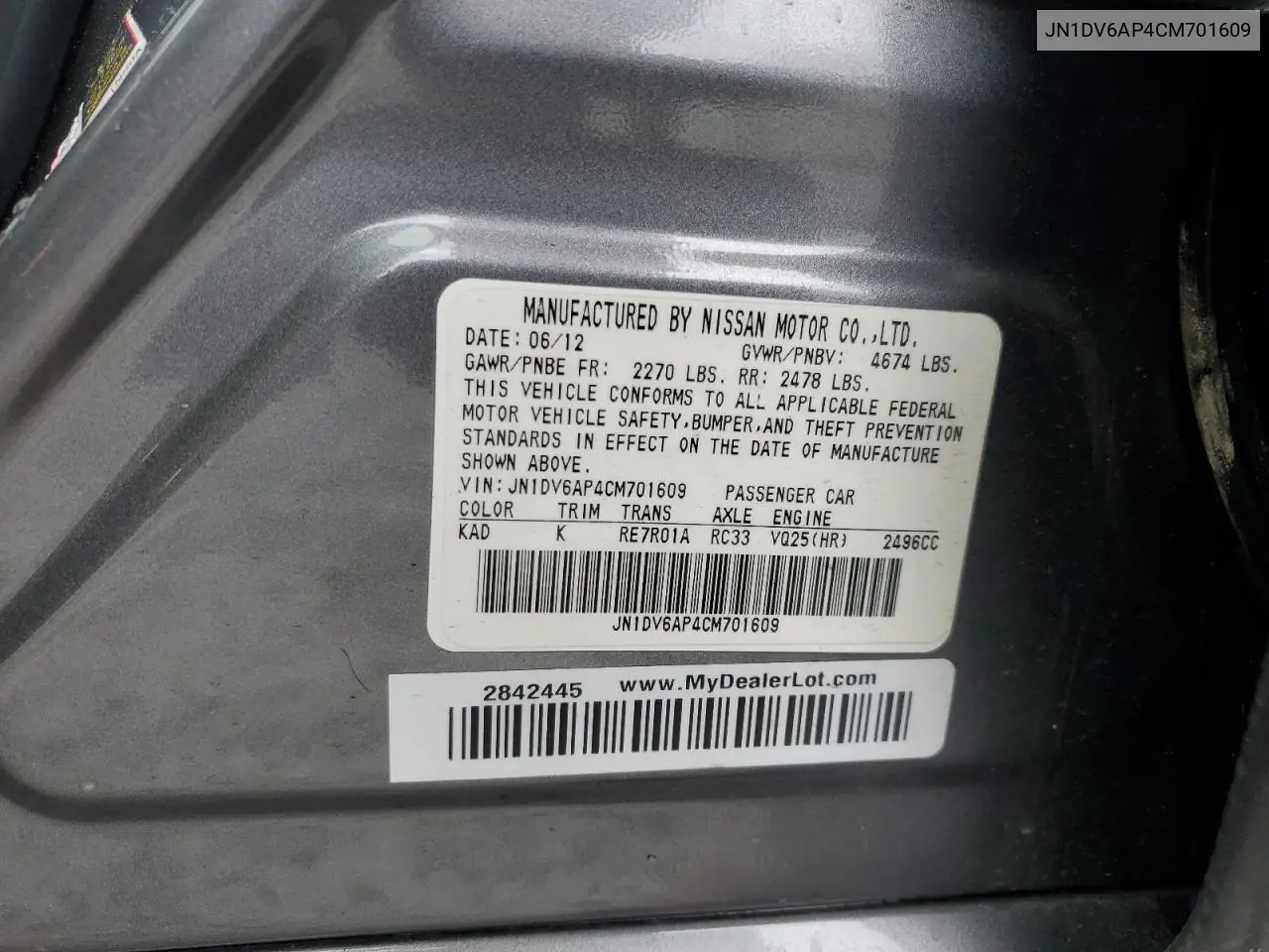 2012 Infiniti G25 Base VIN: JN1DV6AP4CM701609 Lot: 50695475