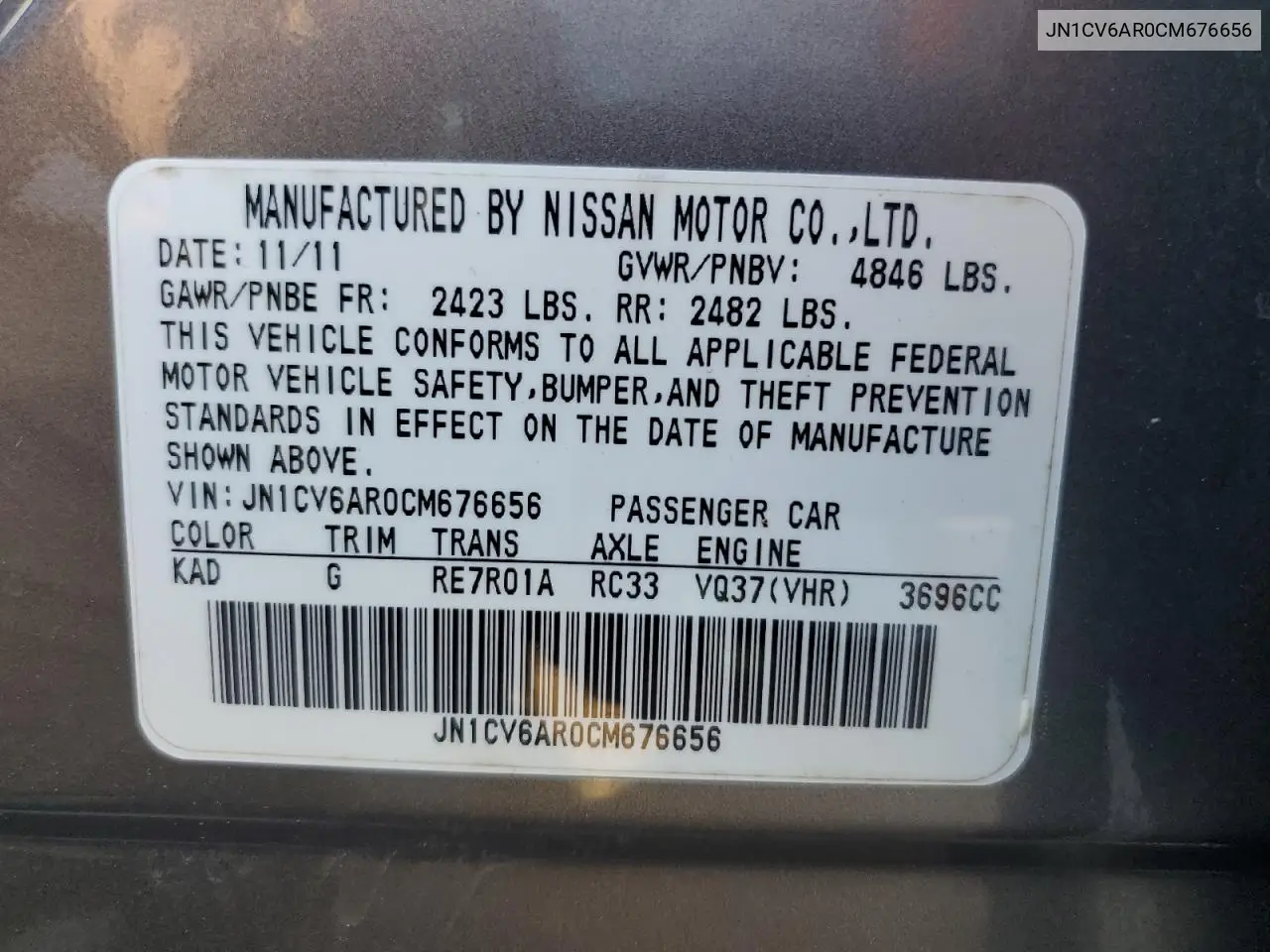 2012 Infiniti G37 VIN: JN1CV6AR0CM676656 Lot: 62545735