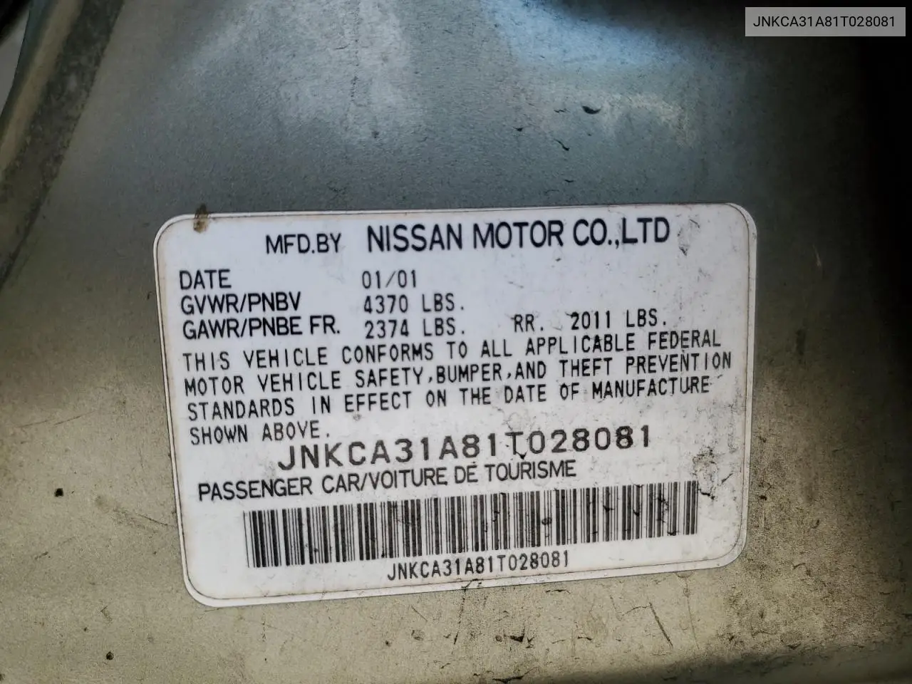 2001 Infiniti I30 VIN: JNKCA31A81T028081 Lot: 62450065