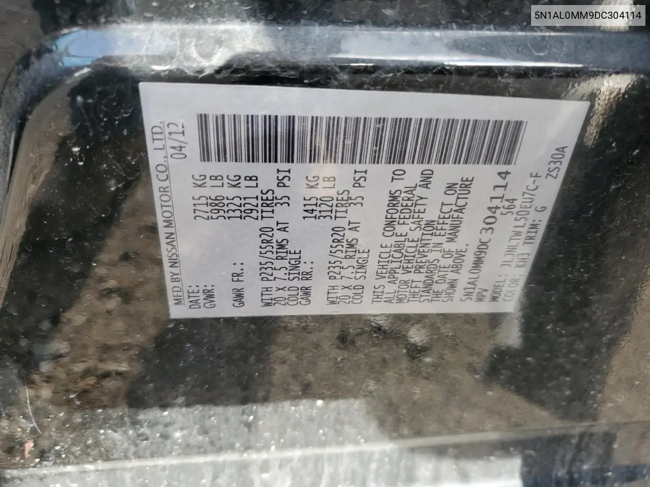 2013 Infiniti Jx35 VIN: 5N1AL0MM9DC304114 Lot: 60911195