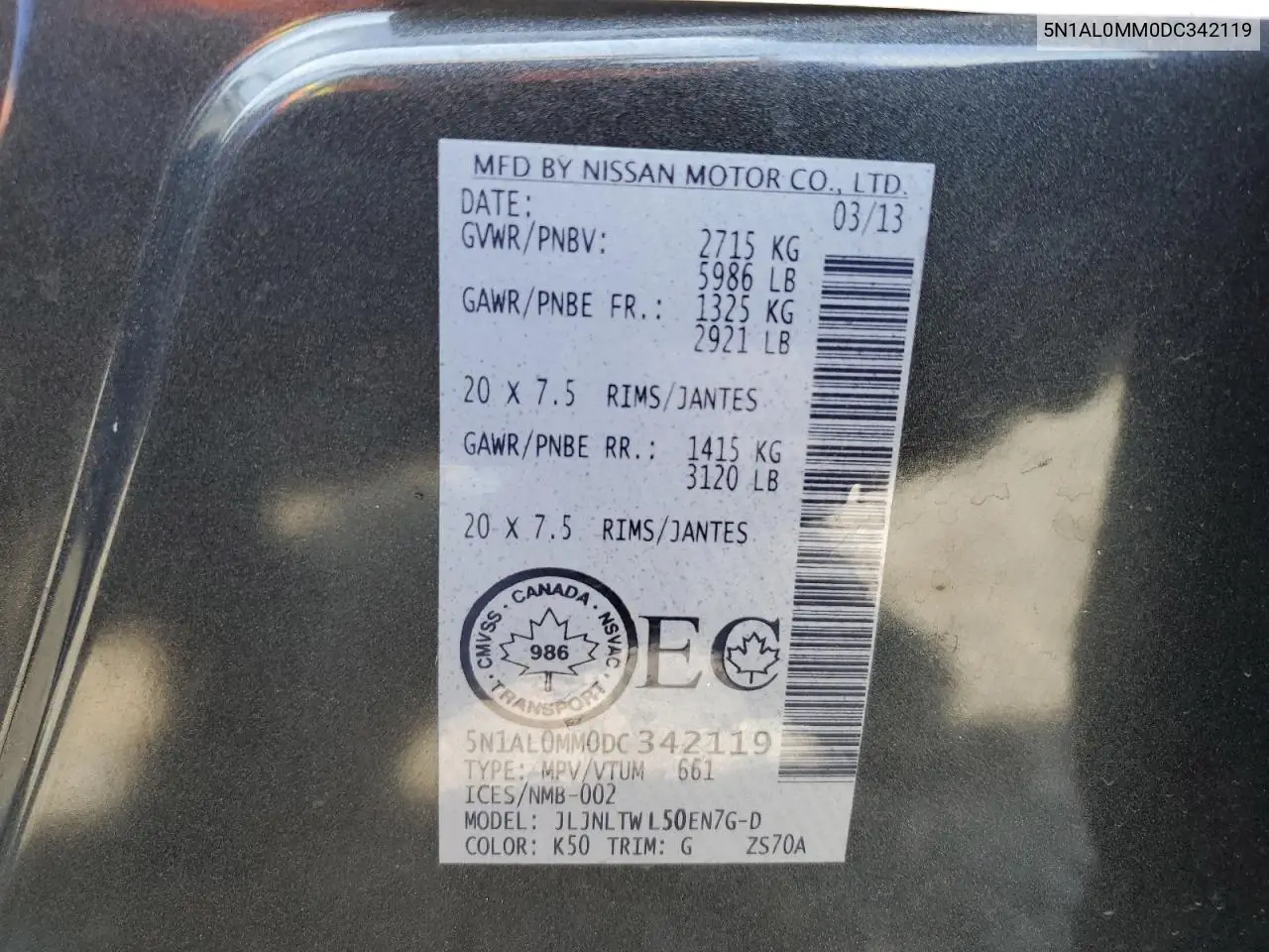 2013 Infiniti Jx35 VIN: 5N1AL0MM0DC342119 Lot: 61740735