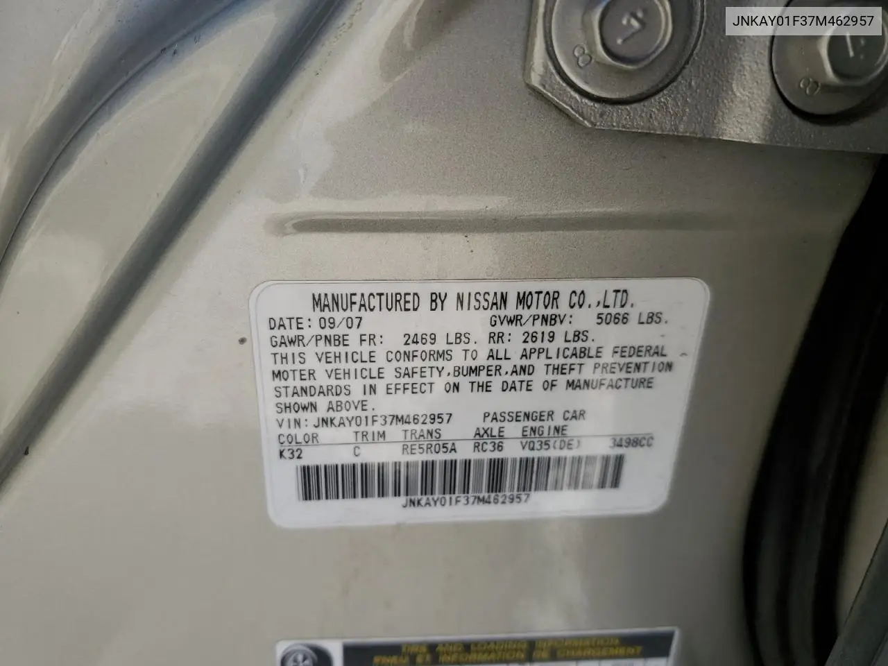 2007 Infiniti M35 Base VIN: JNKAY01F37M462957 Lot: 59747405