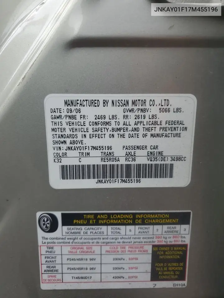 2007 Infiniti M35 Base VIN: JNKAY01F17M455196 Lot: 62680705