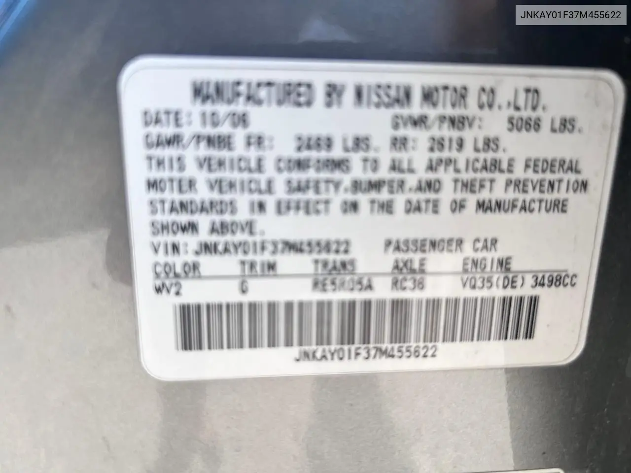 2007 Infiniti M35 Base VIN: JNKAY01F37M455622 Lot: 63004285