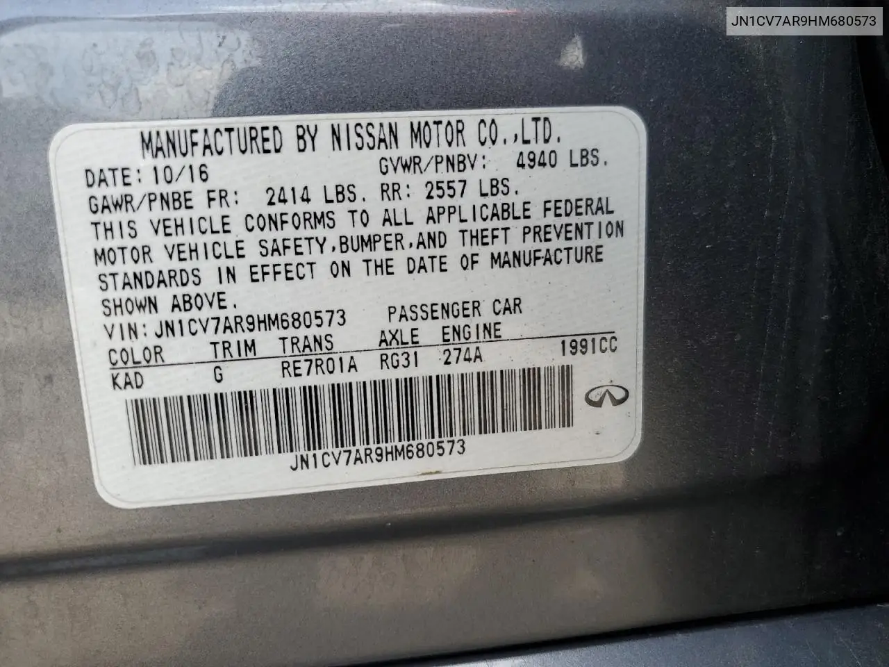 2017 Infiniti Q50 Base VIN: JN1CV7AR9HM680573 Lot: 62908385