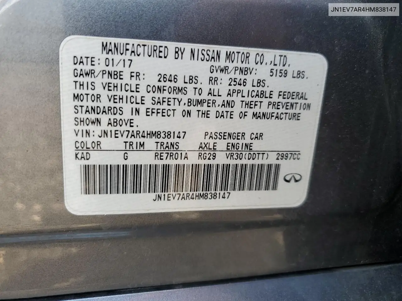 2017 Infiniti Q50 Premium VIN: JN1EV7AR4HM838147 Lot: 62918375