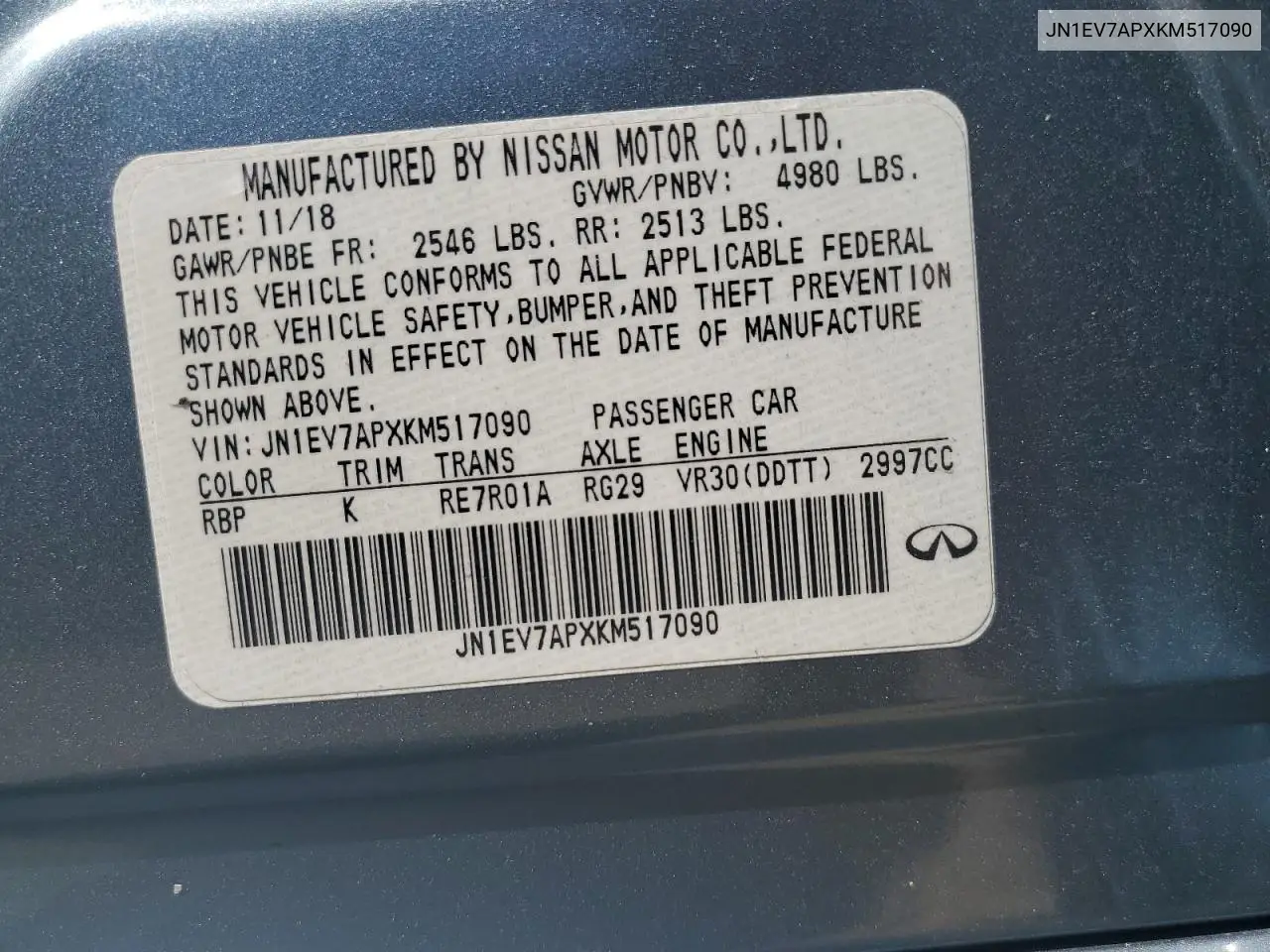 2019 Infiniti Q50 Luxe VIN: JN1EV7APXKM517090 Lot: 56740215