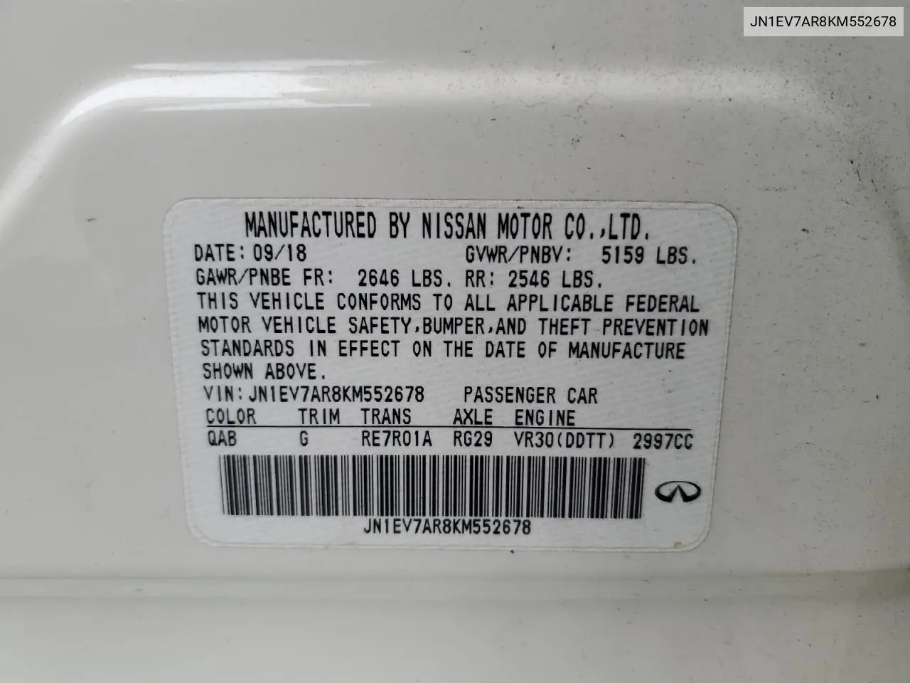 2019 Infiniti Q50 Luxe VIN: JN1EV7AR8KM552678 Lot: 62986475