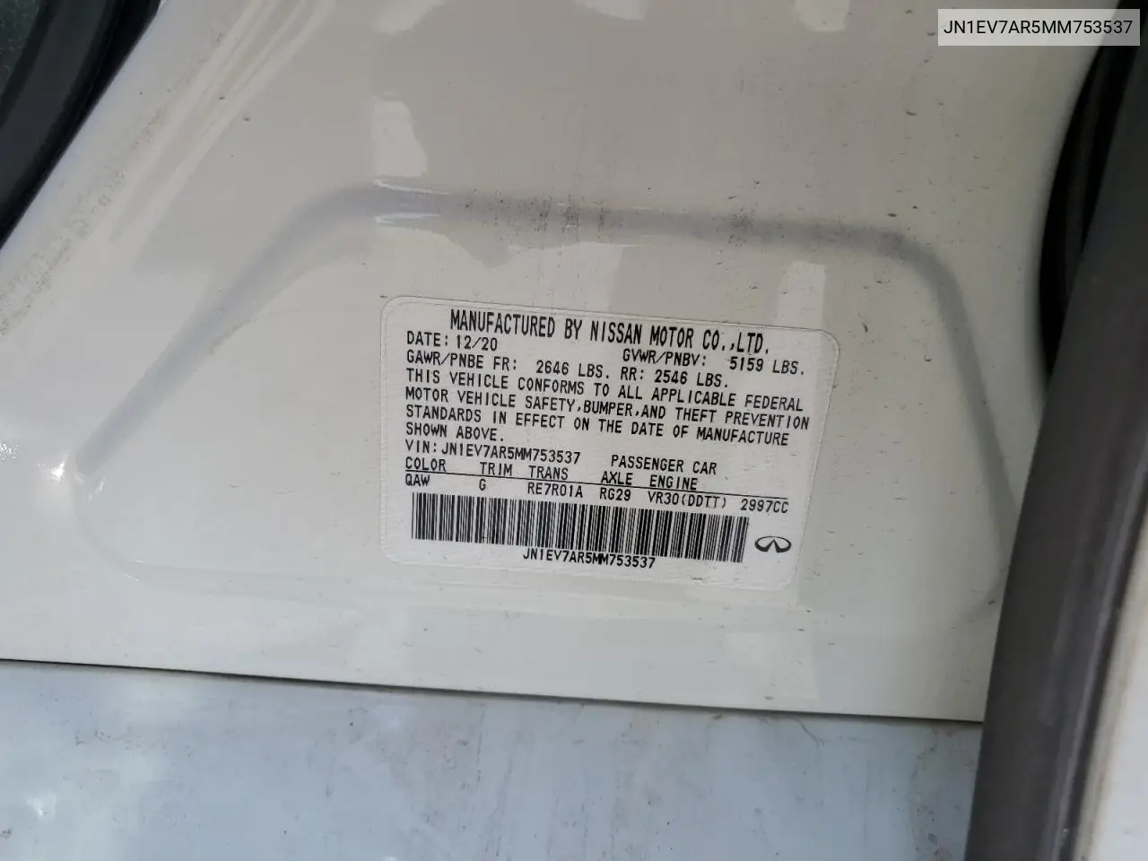 2021 Infiniti Q50 Pure VIN: JN1EV7AR5MM753537 Lot: 61655835