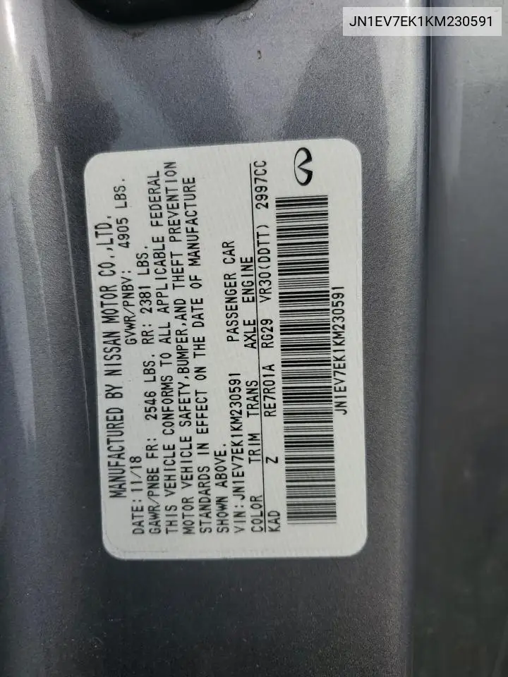 2019 Infiniti Q60 Pure VIN: JN1EV7EK1KM230591 Lot: 56387755