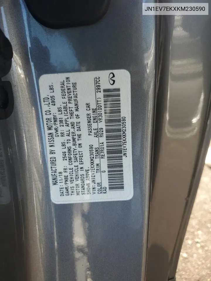 2019 Infiniti Q60 Pure VIN: JN1EV7EKXKM230590 Lot: 64450555