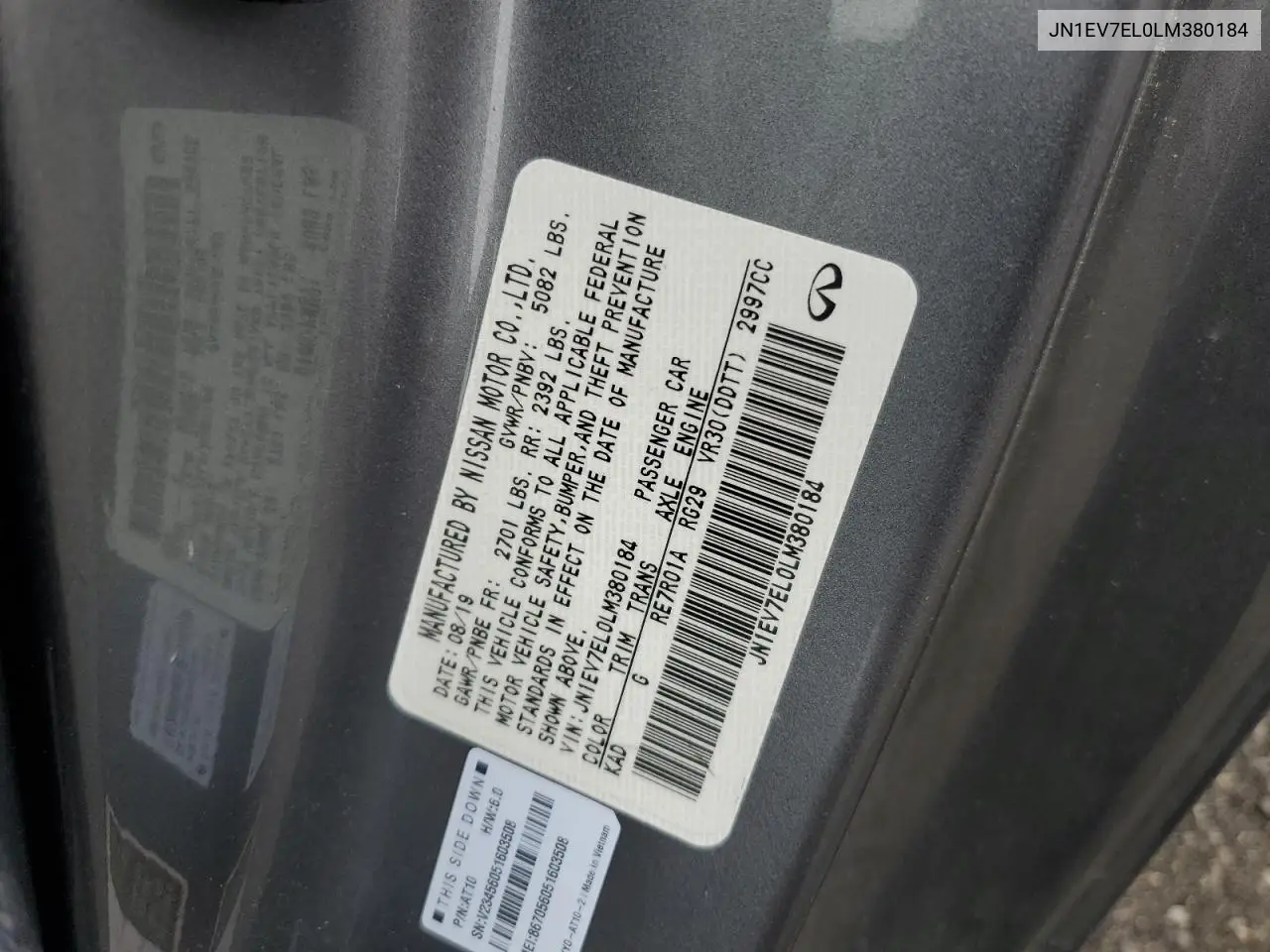 2020 Infiniti Q60 Pure VIN: JN1EV7EL0LM380184 Lot: 60270265