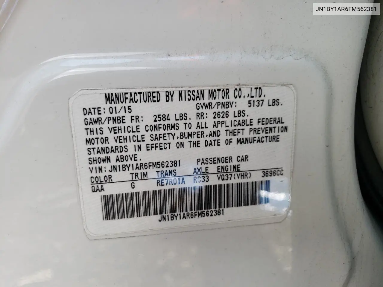 2015 Infiniti Q70 3.7 VIN: JN1BY1AR6FM562381 Lot: 58673905
