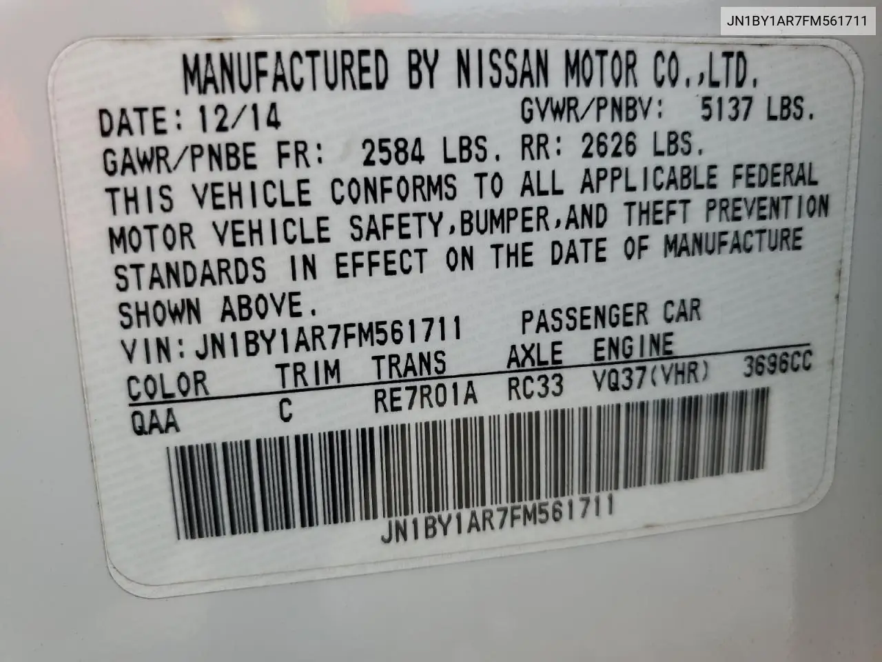 2015 Infiniti Q70 3.7 VIN: JN1BY1AR7FM561711 Lot: 76247244