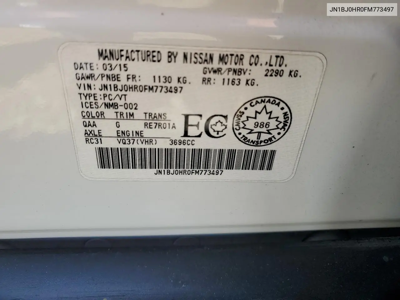 2015 Infiniti Qx50 VIN: JN1BJ0HR0FM773497 Lot: 62658355