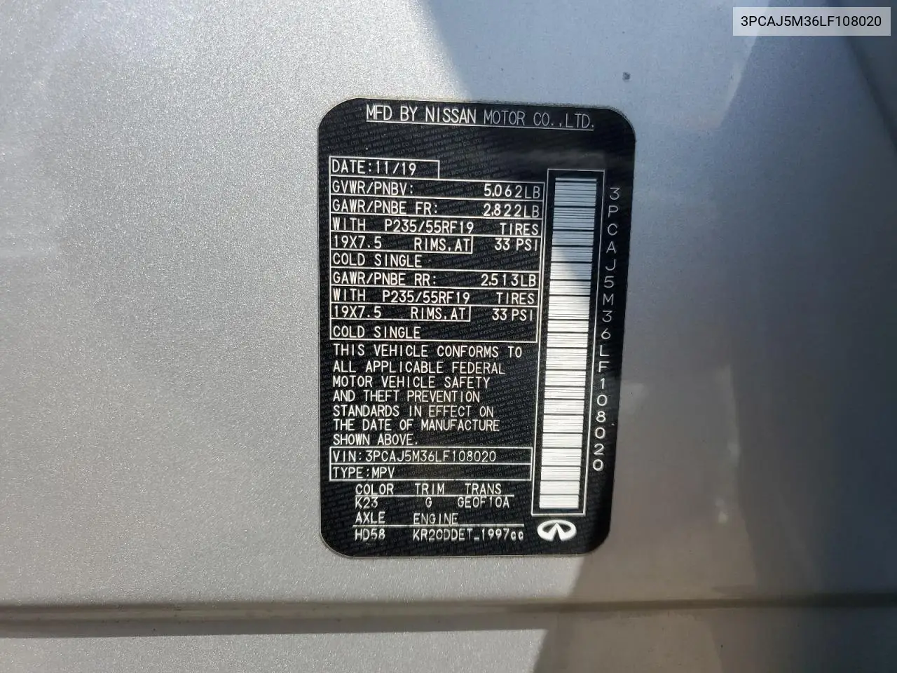2020 Infiniti Qx50 Pure VIN: 3PCAJ5M36LF108020 Lot: 62161495