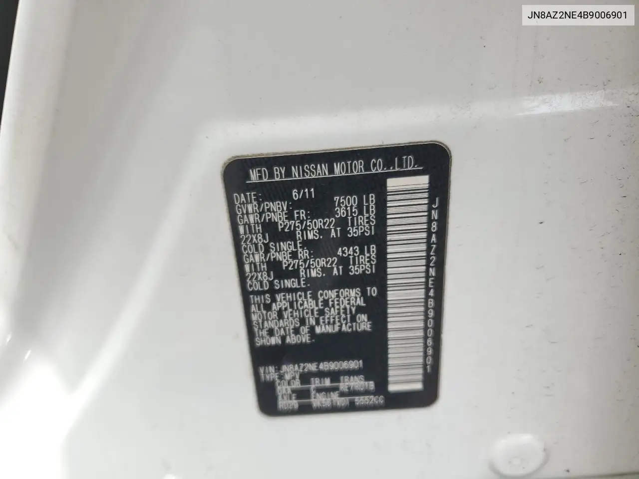 2011 Infiniti Qx56 VIN: JN8AZ2NE4B9006901 Lot: 56804565