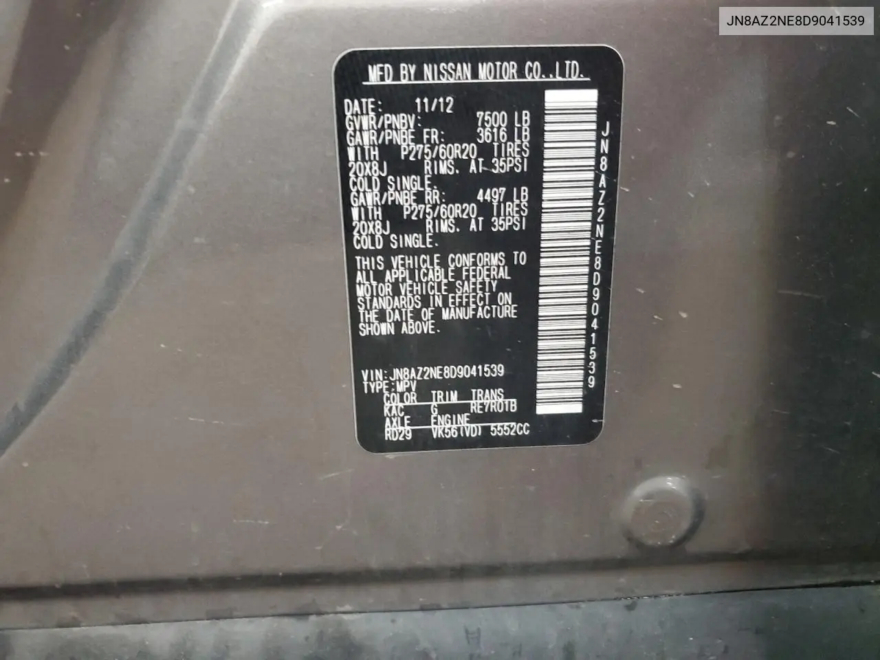 2013 Infiniti Qx56 VIN: JN8AZ2NE8D9041539 Lot: 62492425