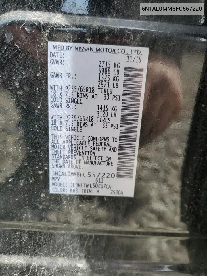 2015 Infiniti Qx60 VIN: 5N1AL0MM8FC557220 Lot: 52786485