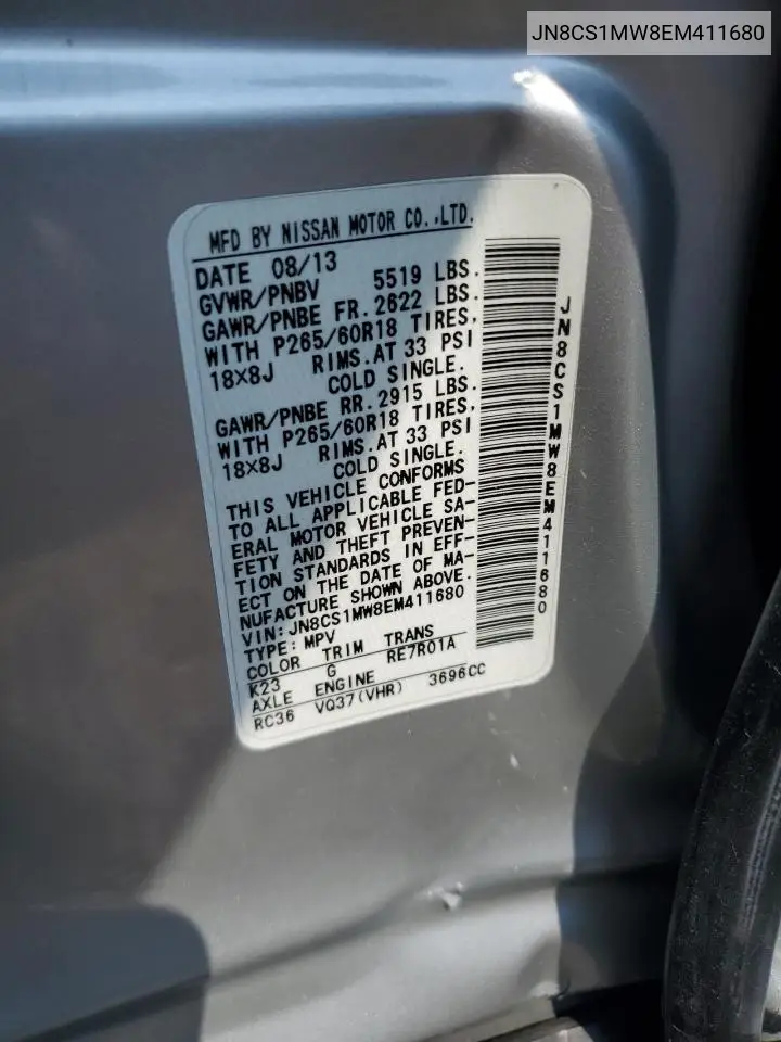 2014 Infiniti Qx70 VIN: JN8CS1MW8EM411680 Lot: 60350065