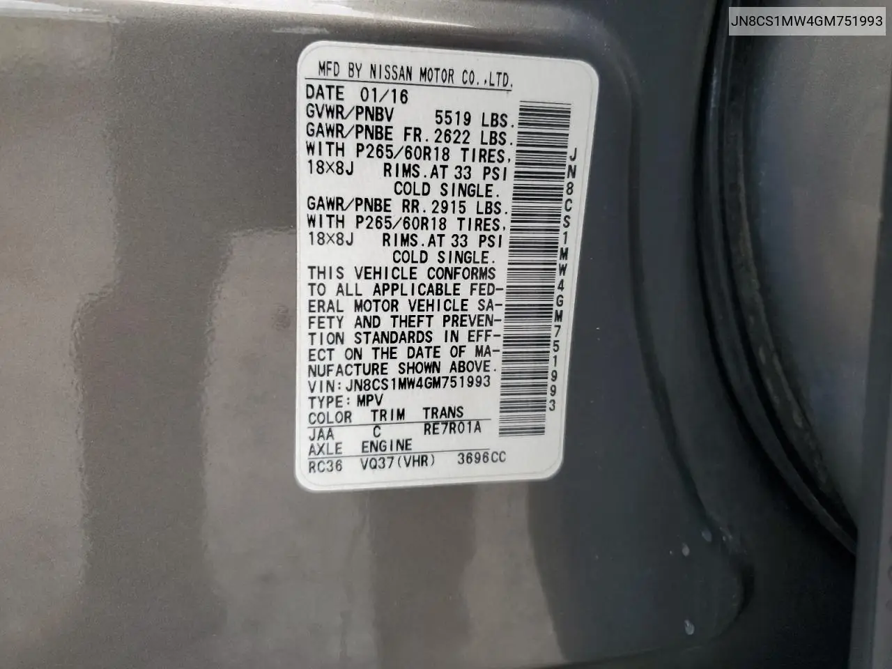 2016 Infiniti Qx70 VIN: JN8CS1MW4GM751993 Lot: 56351675