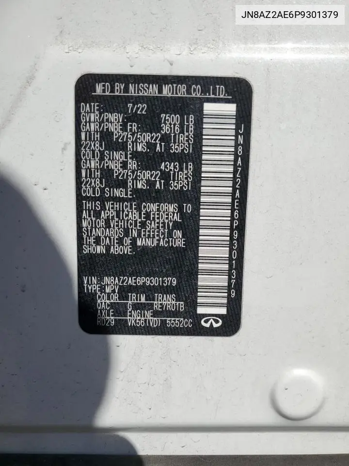 2023 Infiniti Qx80 Luxe VIN: JN8AZ2AE6P9301379 Lot: 56292385