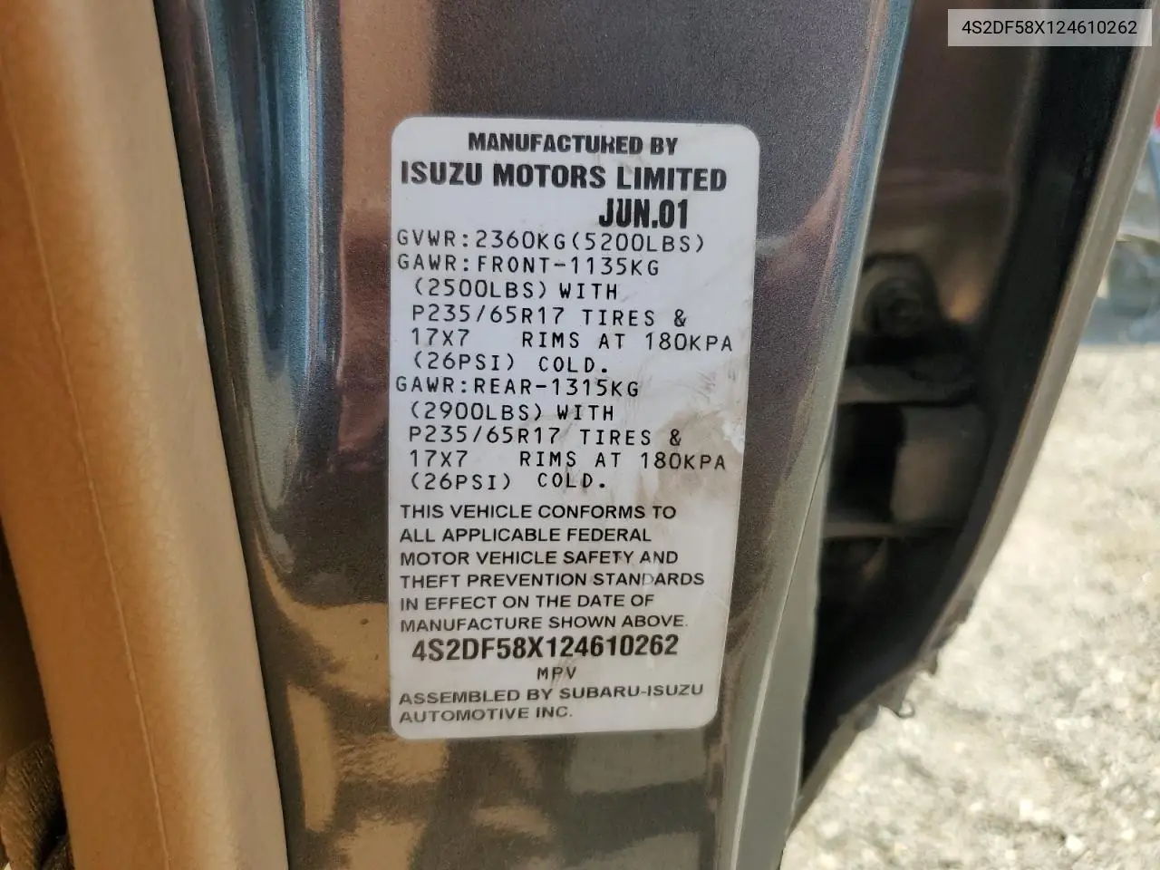 2002 Isuzu Axiom Xs VIN: 4S2DF58X124610262 Lot: 62200085