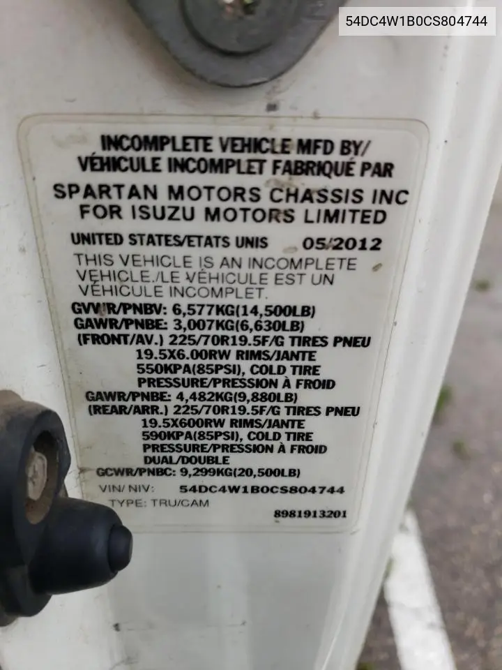 2012 Isuzu Npr Hd VIN: 54DC4W1B0CS804744 Lot: 51847115