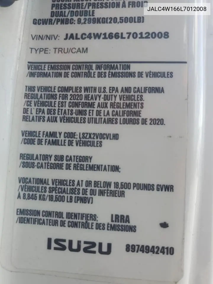 2020 Isuzu Npr Hd VIN: JALC4W166L7012008 Lot: 60600365