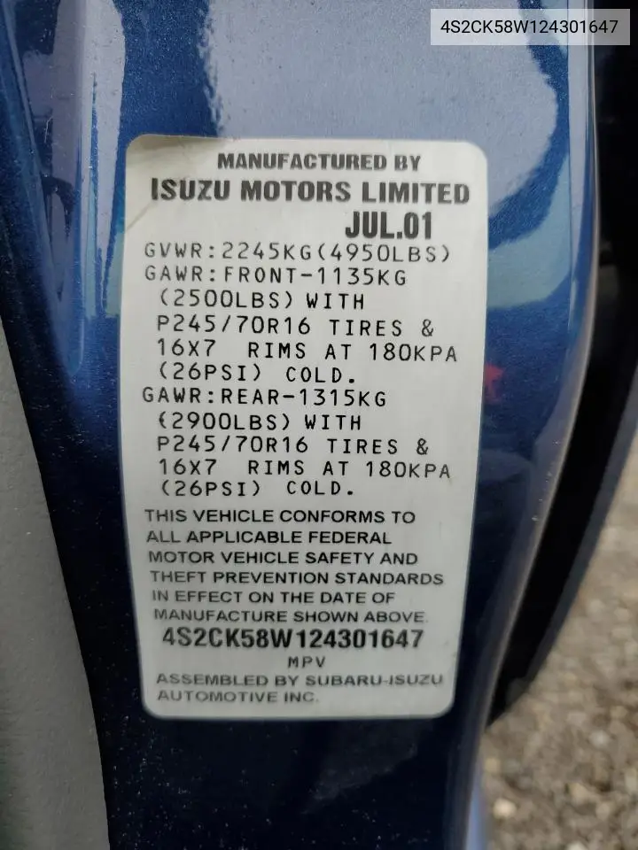 2002 Isuzu Rodeo S VIN: 4S2CK58W124301647 Lot: 56973895