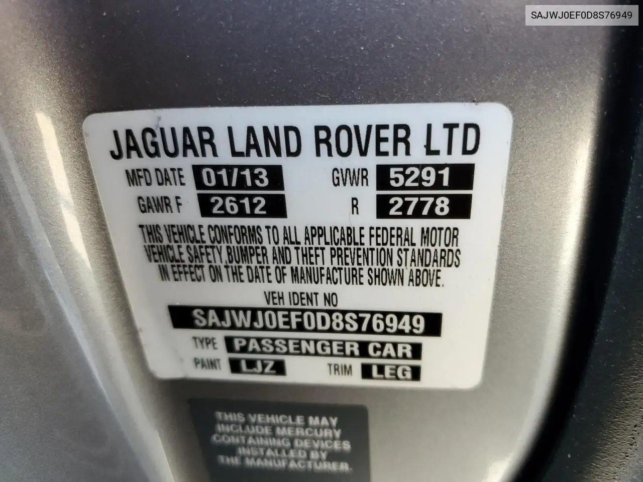 2013 Jaguar Xf VIN: SAJWJ0EF0D8S76949 Lot: 57722185