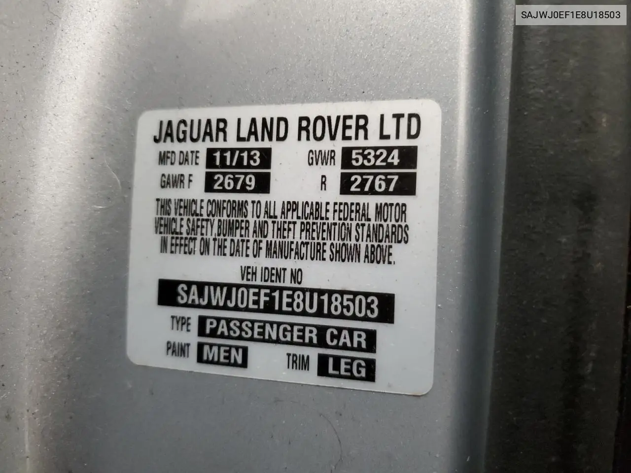 2014 Jaguar Xf VIN: SAJWJ0EF1E8U18503 Lot: 65837075
