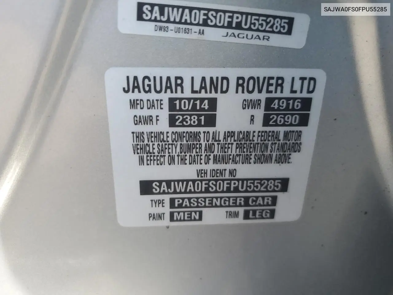 2015 Jaguar Xf 2.0T Premium VIN: SAJWA0FS0FPU55285 Lot: 62987955