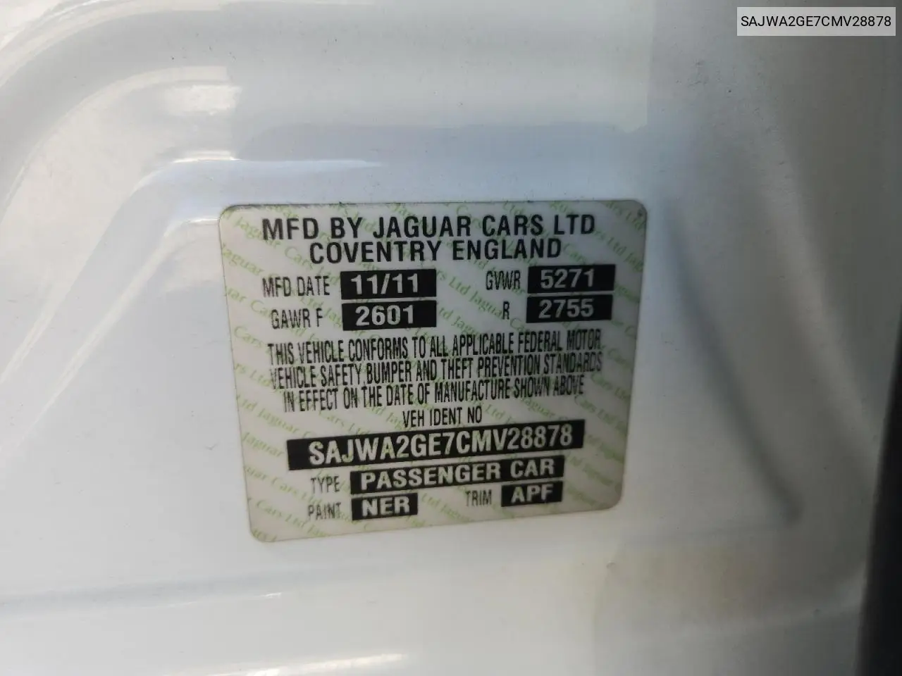 2012 Jaguar Xjl Supercharged VIN: SAJWA2GE7CMV28878 Lot: 62561695
