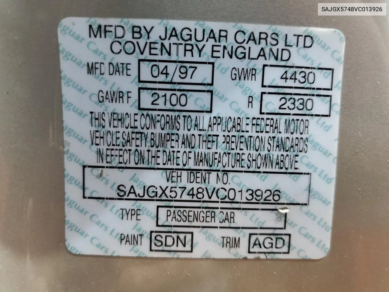 1997 Jaguar Xk8 VIN: SAJGX5748VC013926 Lot: 55565304