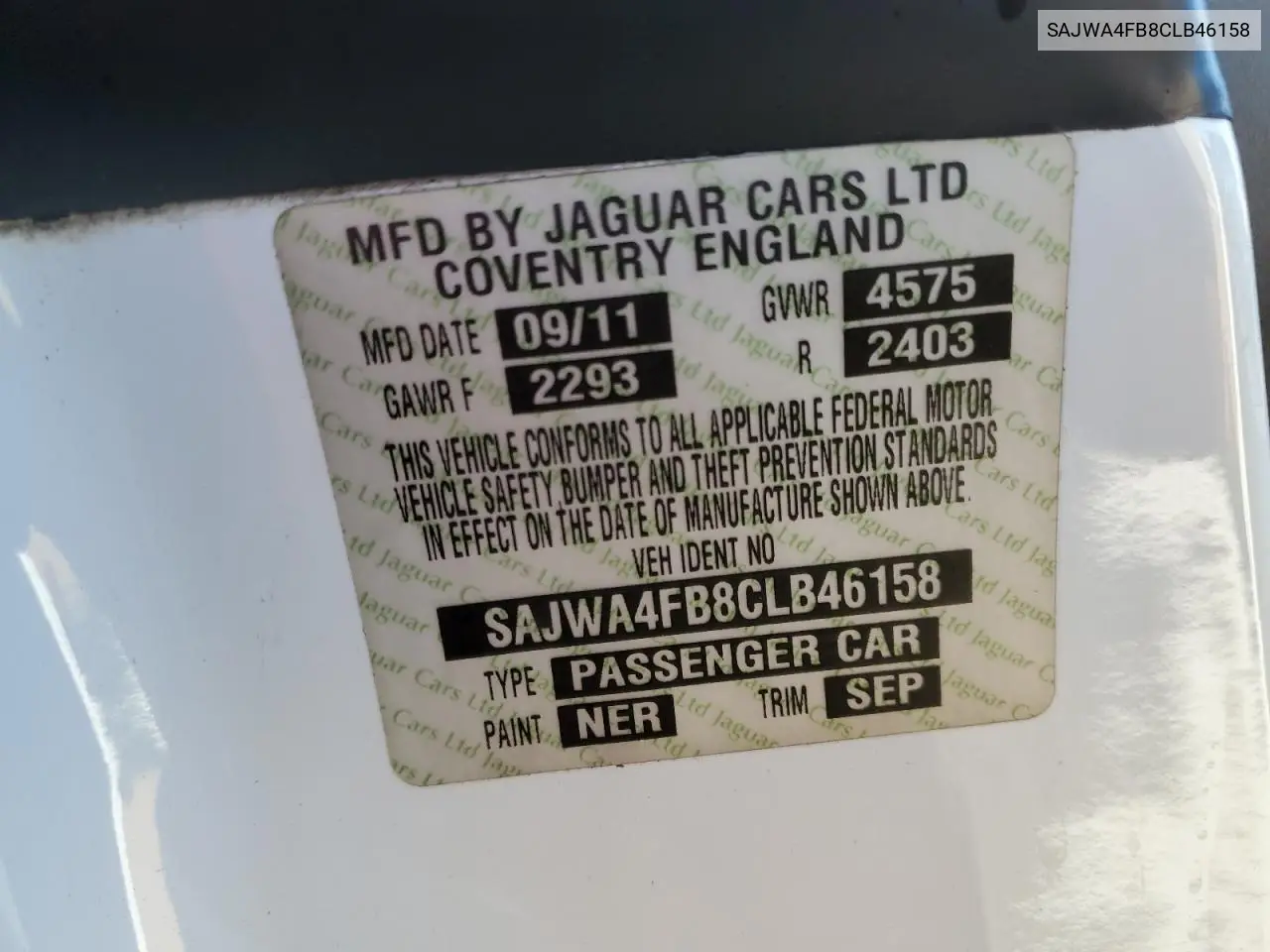 2012 Jaguar Xk VIN: SAJWA4FB8CLB46158 Lot: 65186745