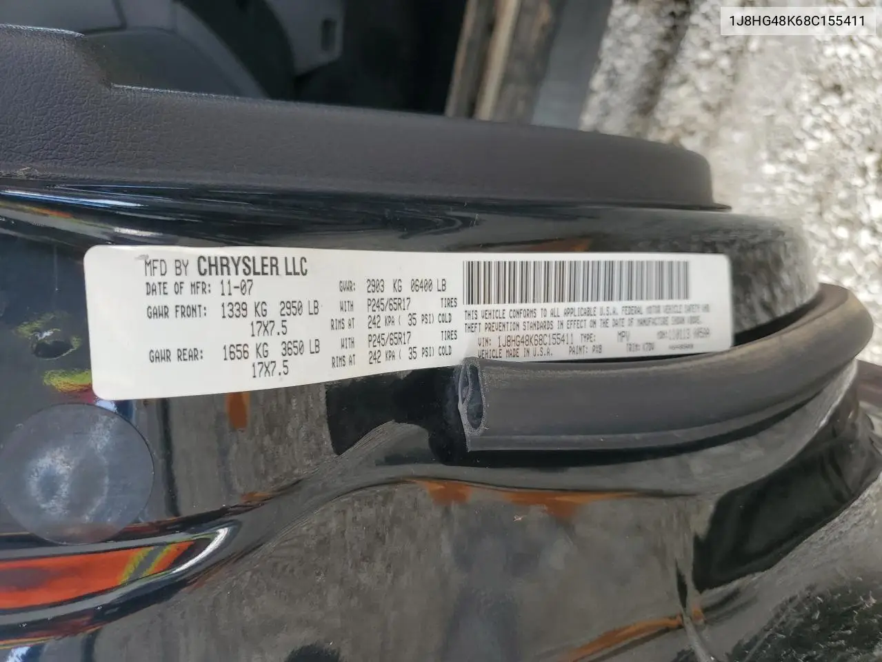 2008 Jeep Commander Sport VIN: 1J8HG48K68C155411 Lot: 58792155