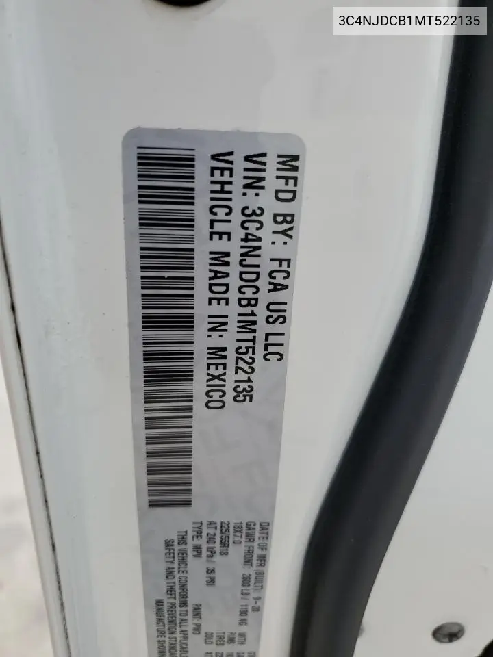 2021 Jeep Compass Limited VIN: 3C4NJDCB1MT522135 Lot: 64309255