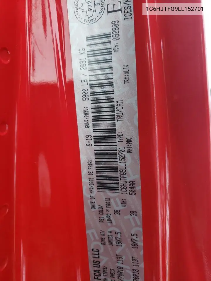 2020 Jeep Gladiator Overland VIN: 1C6HJTFG9LL152701 Lot: 80737794