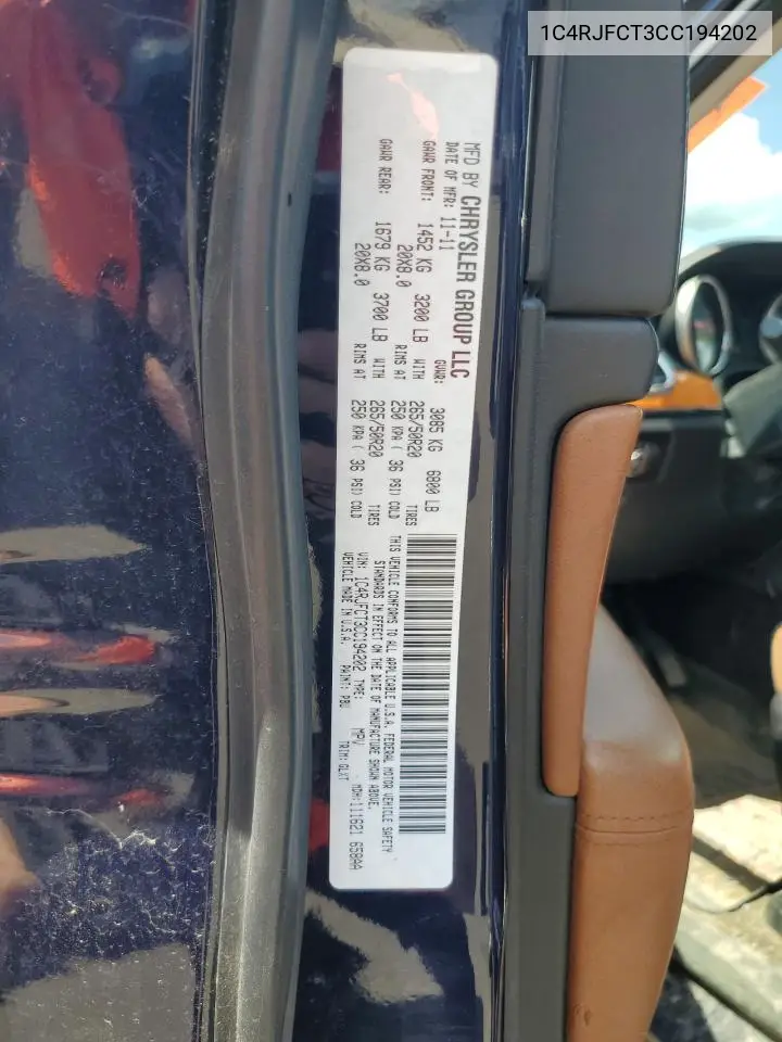2012 Jeep Grand Cherokee Overland VIN: 1C4RJFCT3CC194202 Lot: 62908625