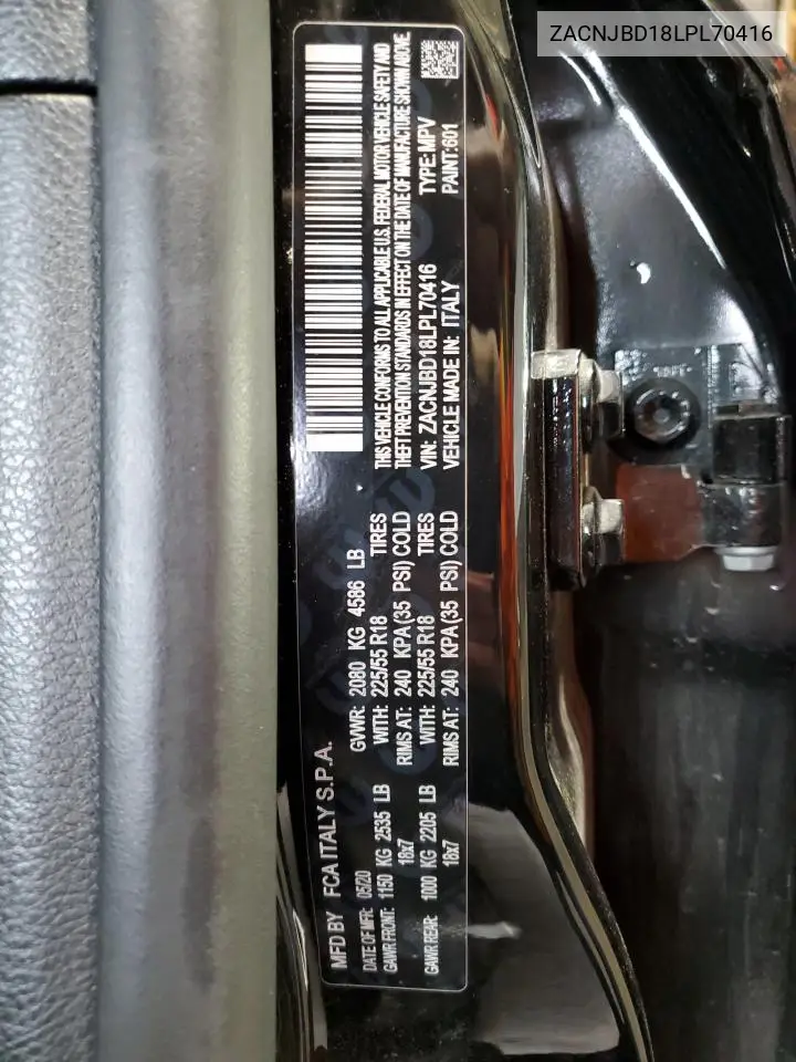 2020 Jeep Renegade Limited VIN: ZACNJBD18LPL70416 Lot: 61901485
