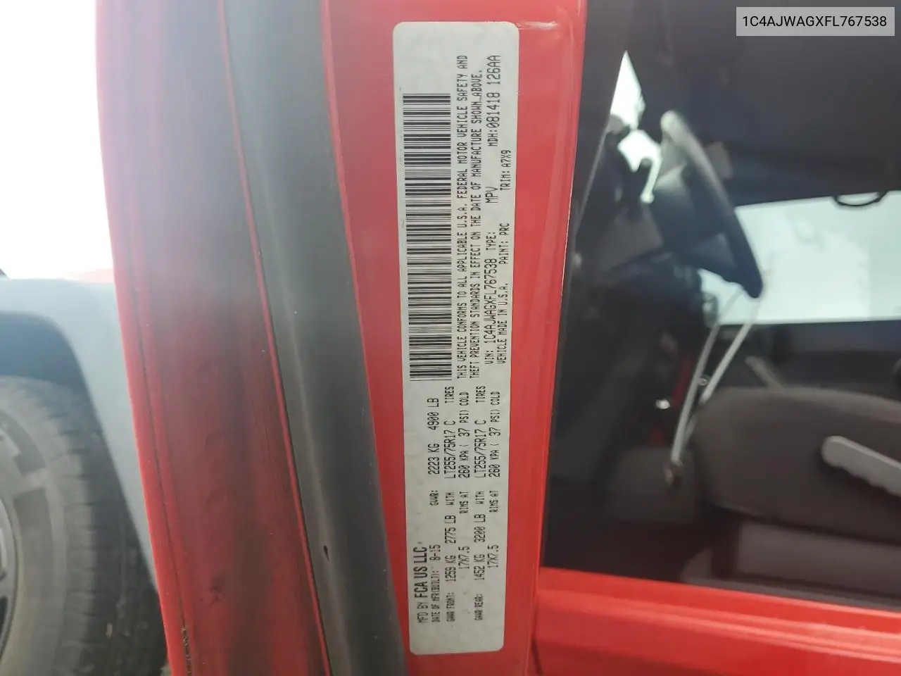2015 Jeep Wrangler Sport VIN: 1C4AJWAGXFL767538 Lot: 63012845
