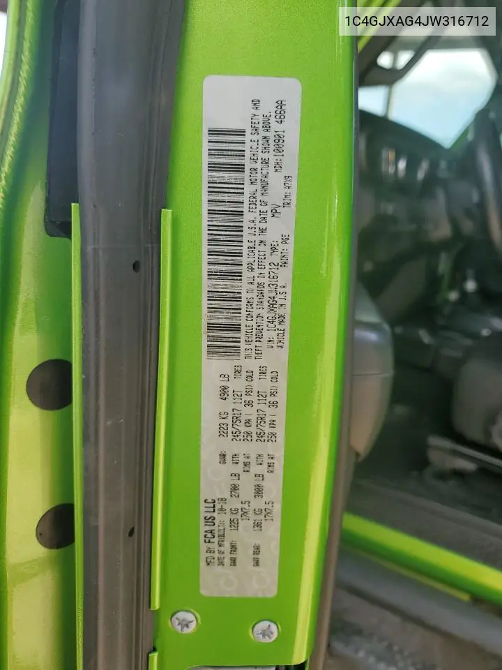 2018 Jeep Wrangler Sport VIN: 1C4GJXAG4JW316712 Lot: 62000835
