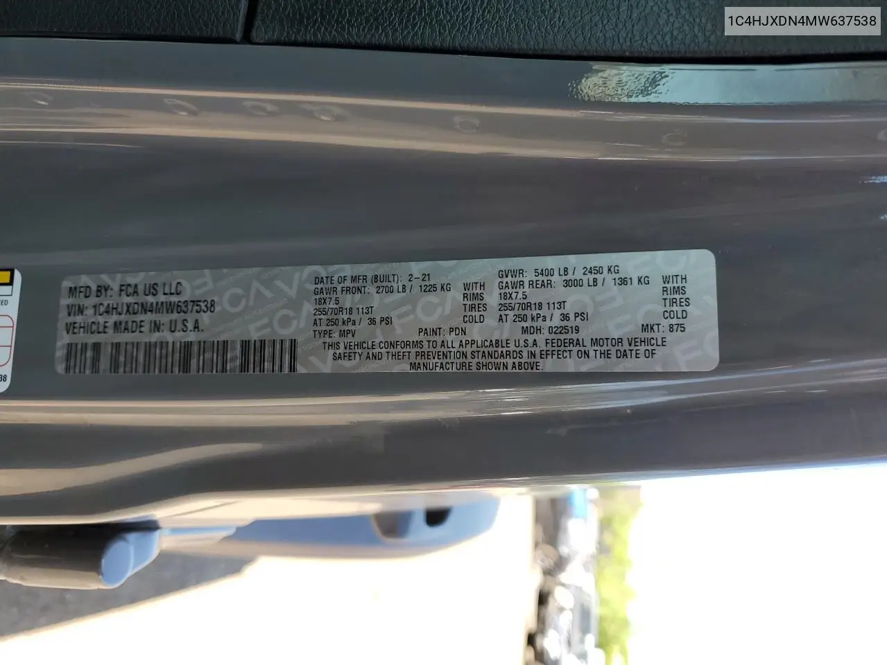 2021 Jeep Wrangler Unlimited Sport VIN: 1C4HJXDN4MW637538 Lot: 62377565