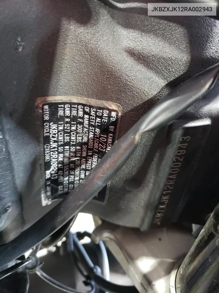 2024 Kawasaki Zx636 K VIN: JKBZXJK12RA002943 Lot: 50826095