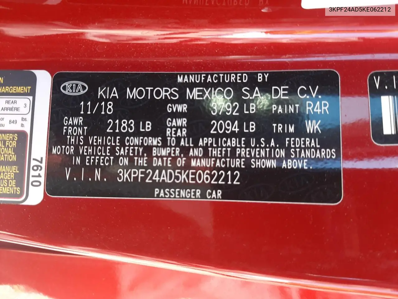 2019 Kia Forte Fe VIN: 3KPF24AD5KE062212 Lot: 56735895