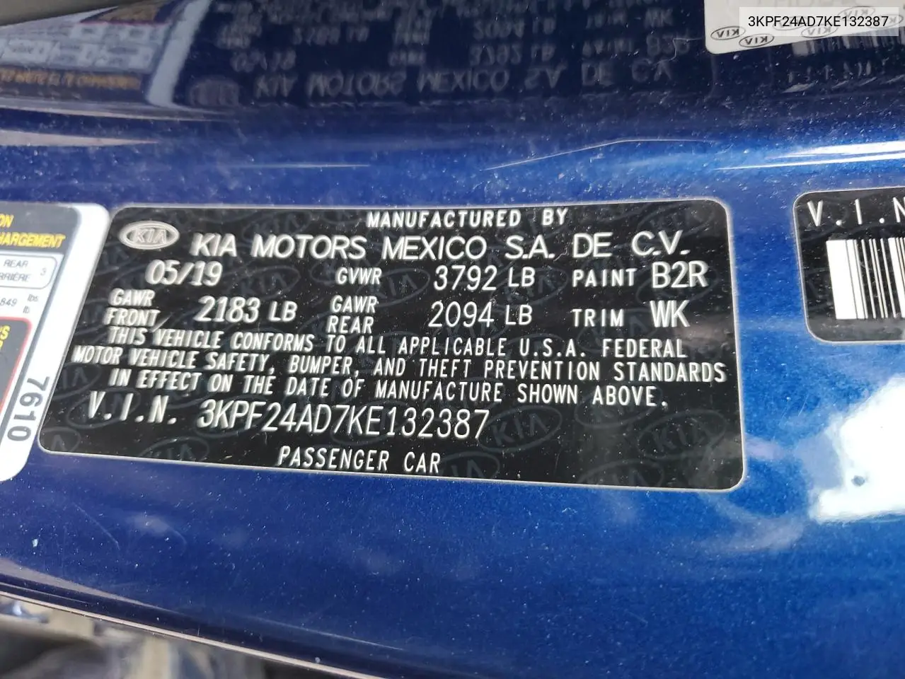 2019 Kia Forte Fe VIN: 3KPF24AD7KE132387 Lot: 56780875